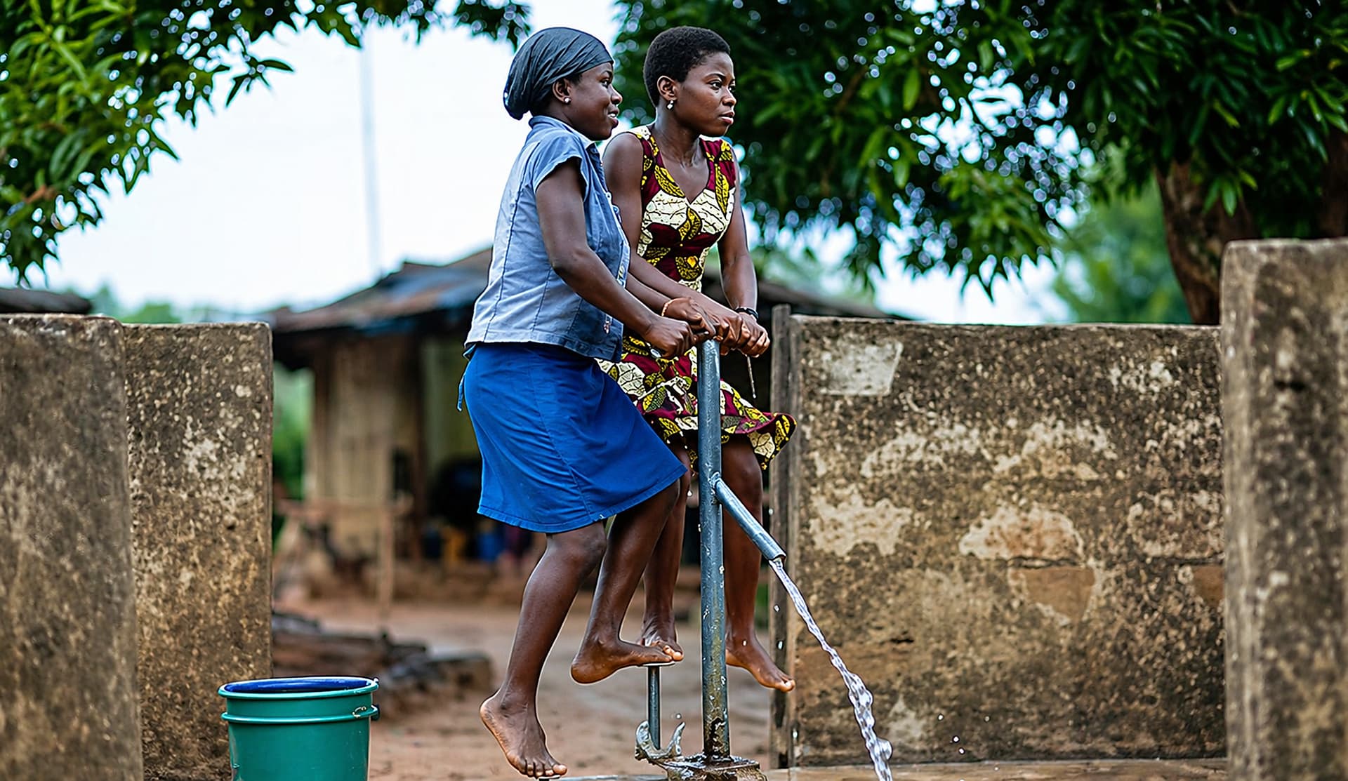 Girls collecting water together at a community hand pump