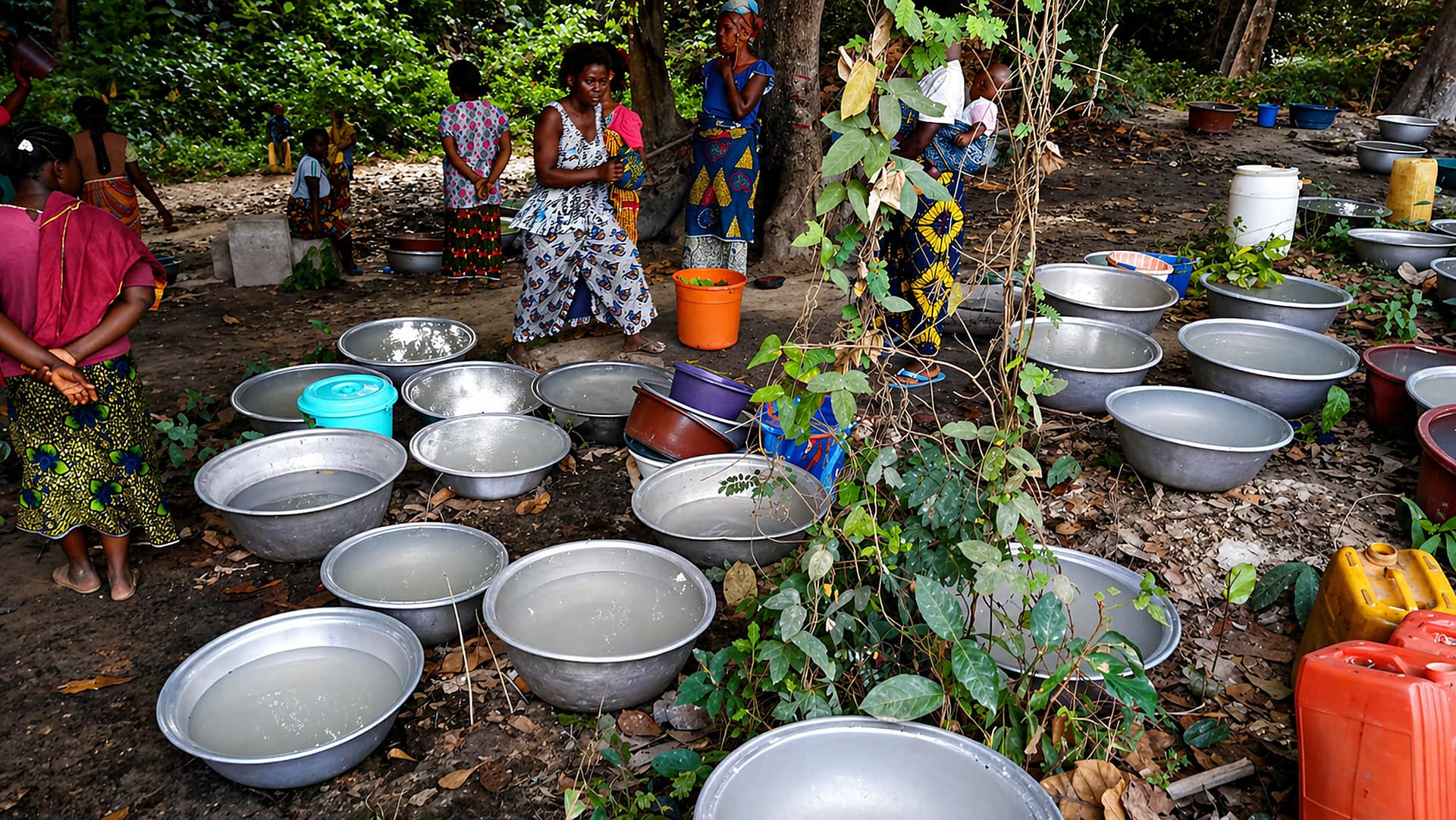 Community members gathering water in containers at a collection point