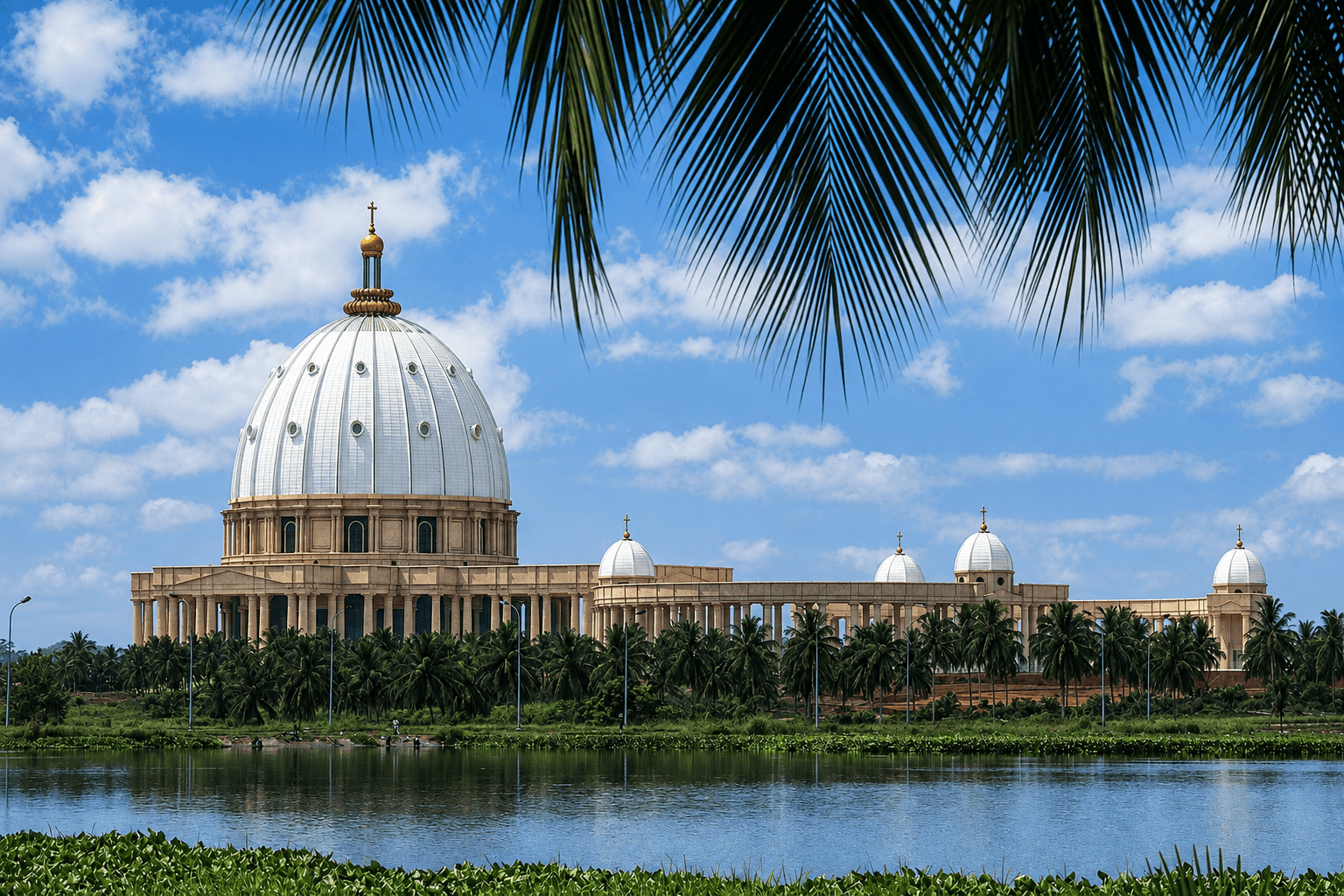 The Basilica of Our Lady of Peace on the Yamoussoukro lagoon